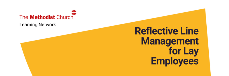Artwork for Reflective Line Management Training, consisting of the Learning Network logo in the top left corner on a white background. The text "Reflective Line Management for Lay Employees" in blue sans-serif text on an egg yolk yellow geometric shape.