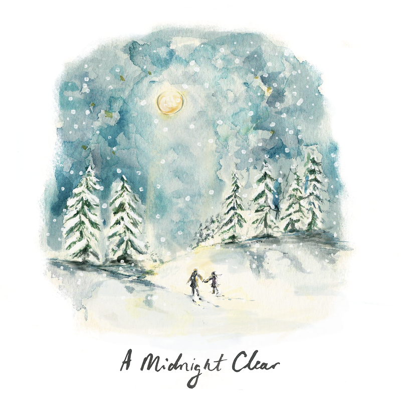 An illustration of two figures walking hand in hand through a wintery forest in the moonlight. Text reads &#x27;A Midnight Clear&#x27;.