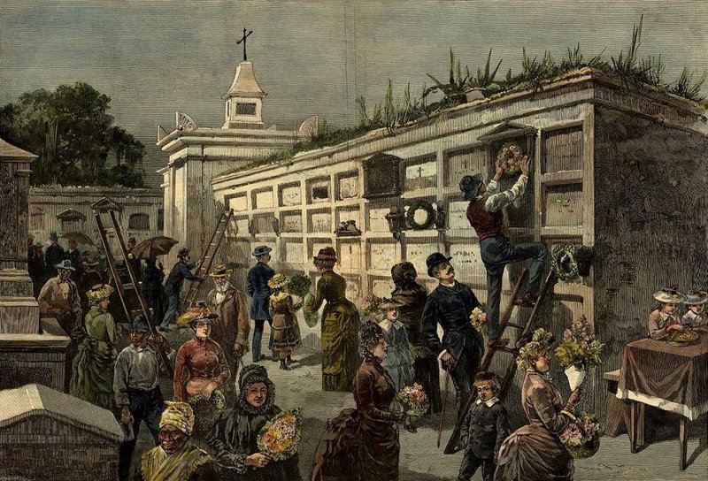 All Saints Day in New Orleans - Decorating the Tombs,  by John Durkin, published in Harper&#x27;s Weekly, November 1885 (Creative Commons)