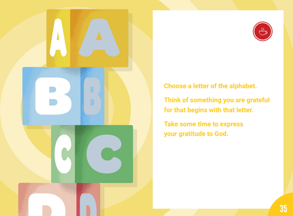 Right: A tower of blocks with the letters A, B, C, D successively. Left: "Choose a letter of the alphabet. Think of something you are grateful for that begins with that letter. Take some time to express your gratitude to God."