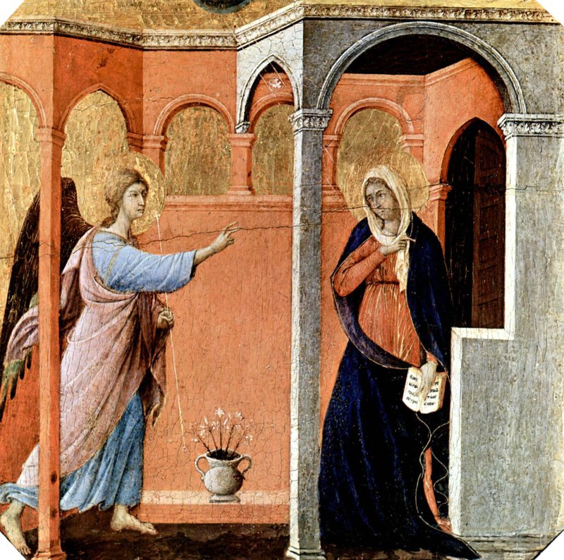 A painting of the Annunciation by artist Duccio di Buoninsegna c.1308-1311