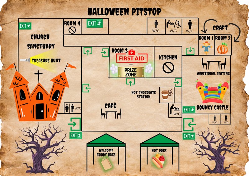 A map showing all the Halloween activities in a church