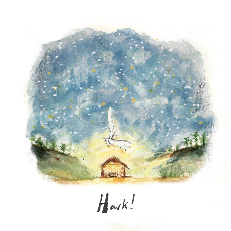 An illustration of an angelic being hovering over a stable with a manger inside. Text reads &#x27;Hark!&#x27;.