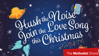 A dark blue starry sky with transparent leaves overlaid across. Text reads 'Hush the Noise. Join the love song this Christmas'.