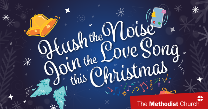 A dark blue starry sky with transparent leaves overlaid across. Text reads 'Hush the Noise. Join the love song this Christmas'.