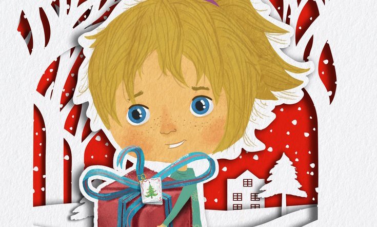 Cartoon of 'Lucy' holding a wrapped present and smiling