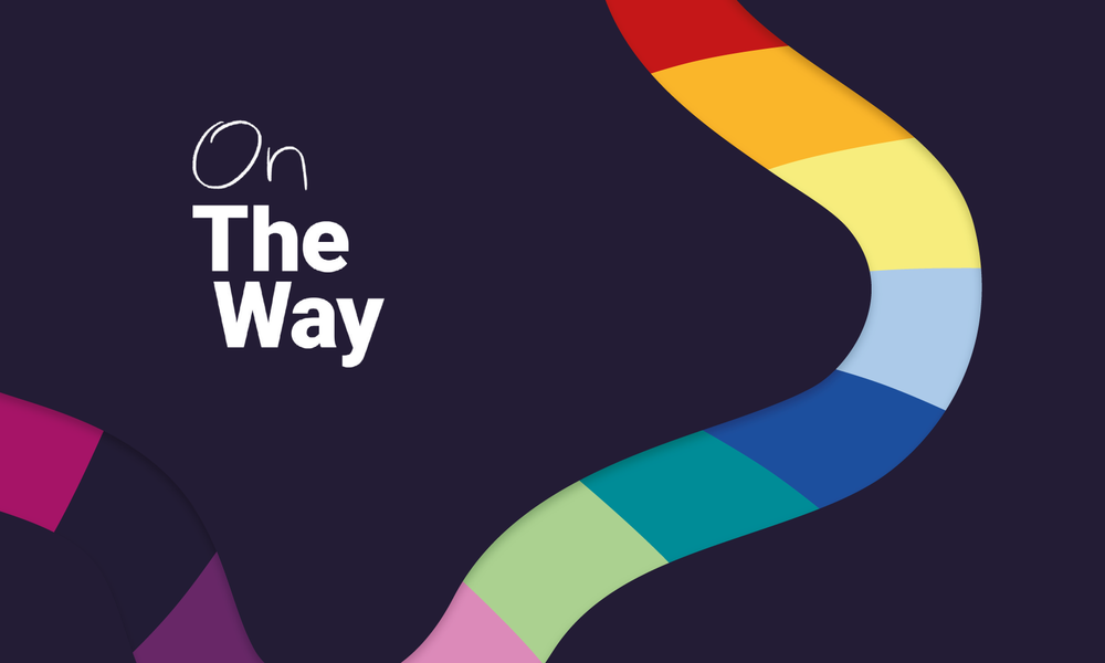 A banner showing with the title On The Way in white type on a dark blue background alongside a curving line broken up into separate coloured sections, representing a journey.