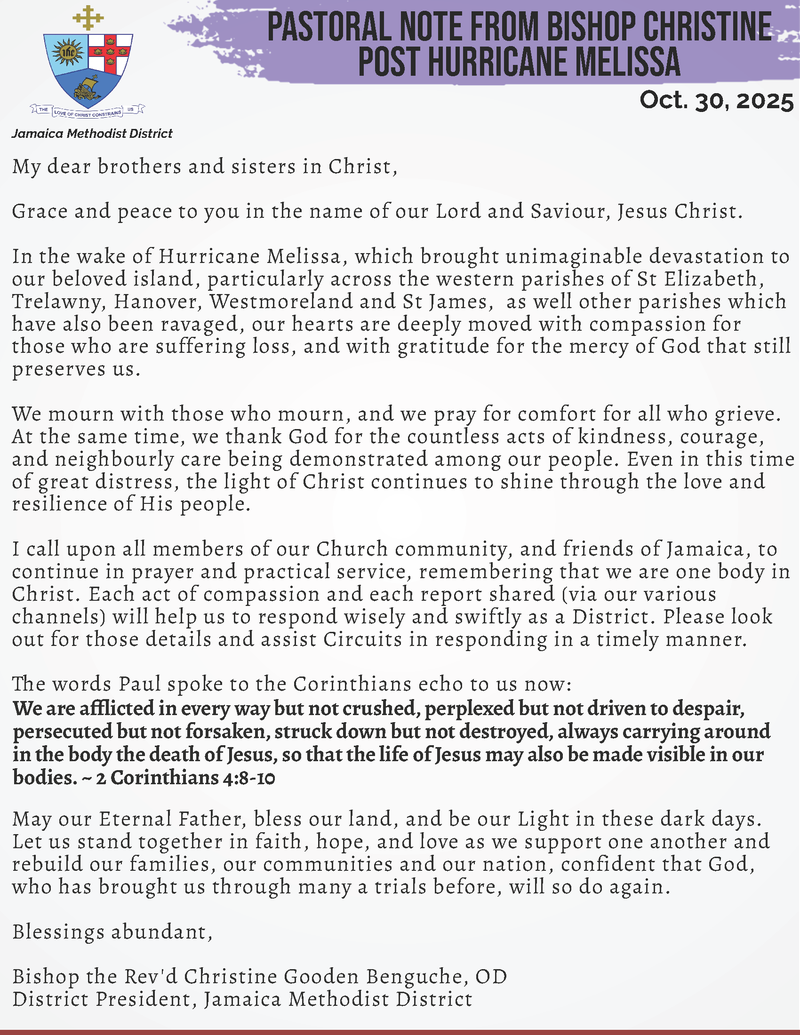 Pastoral letter from the Jamaica Methodist District dated 30 October 2025, titled “Pastoral Note from Bishop Christine Post Hurricane Melissa.” It expresses sympathy for those affected by Hurricane Melissa in western Jamaica, calls for prayer.