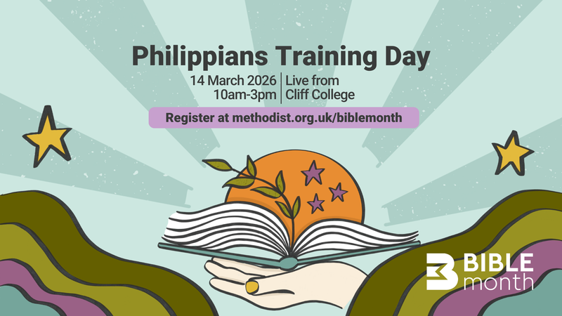 Header image for Bible Month, showing hand-drawn thick marker images of an open hand with a bible laid open on it, with the sun, an olive branch, stars and the sun emerging from it.