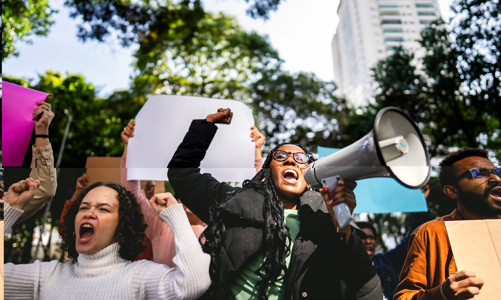 A crowd of people protesting