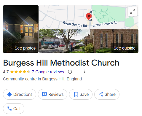 A screenshot of Burgess Hill Methodist Church's Google Business Profile.