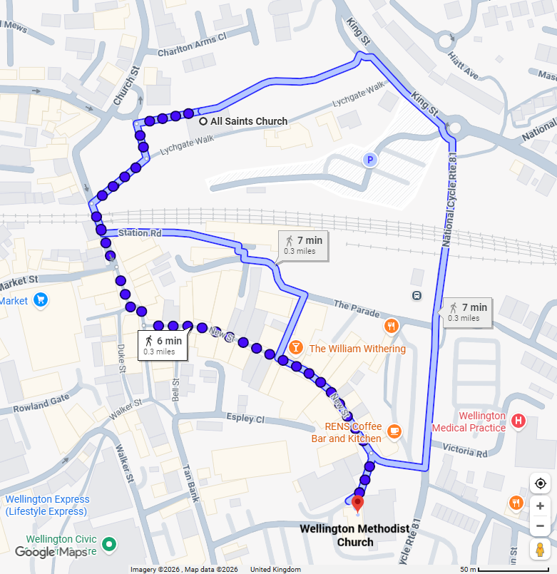 Map showing routes to walk between All Saints Church and Wellington Methodist Church