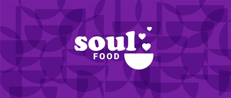 A purple background with transparent bowls strewn across. The words 'Soul Food' appear in white, next to a white bowl with white hearts floating up from it.