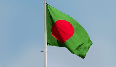 flag flapping in the wind, dark green with red circle in the middle