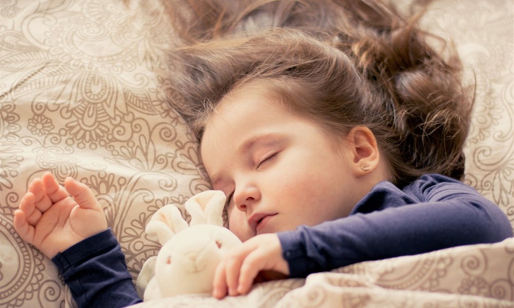 A female toddler with brown hair and a blue top, sleeping peacefully with a white rabbit soft toy.