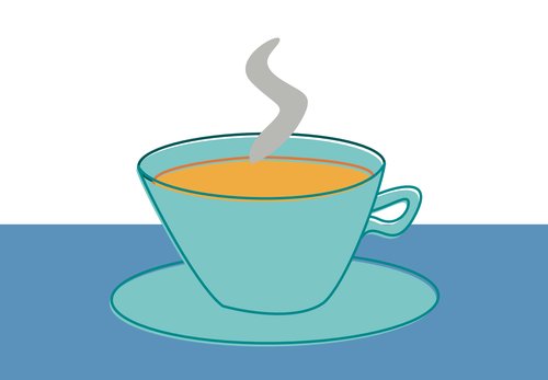 A colour line drawing of a cup on a sauce with orange liquid inside and a wisp of steam.