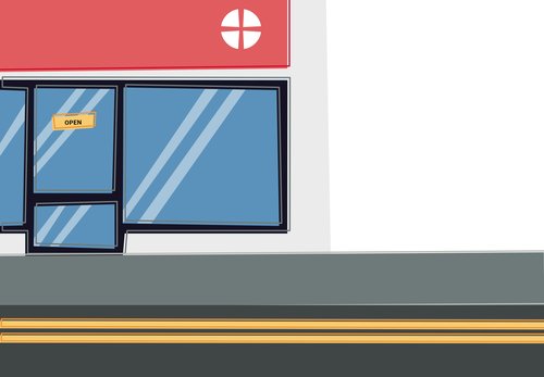 A graphic of a roadside building with the Methodist orb on the banner and an 'open' sign on the door.