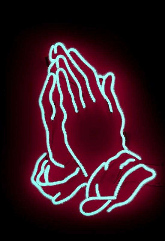 Praying neon hands.