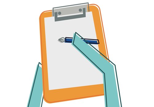 A picture of a person's arms holding a clipboard and fountain pen