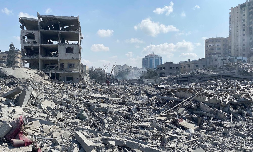 Bomb damaged buildings in Gaza