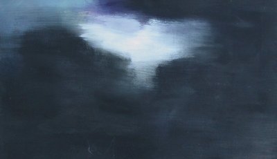 Abstract painting of a white bird-like shape on a dark blue background