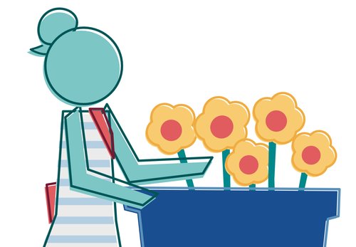 An image of a person in a striped dress beside a blue planter with flowers in it