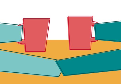 A graphic of two people holding coffee cups