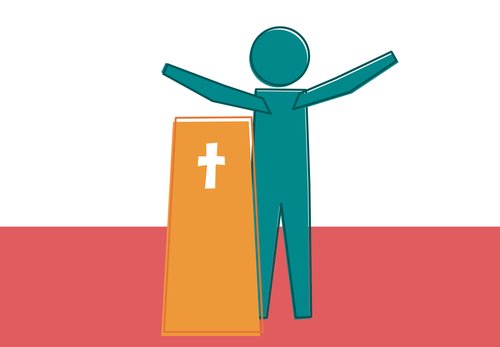 A coloured line drawing of a person standing next to a podium with a cross on it. The person's arms are raised up and to the sides.