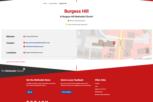 Church Finder tool displaying a church.