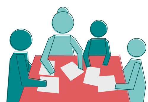 A coloured line drawing of four people around a table with pieces of paper on it