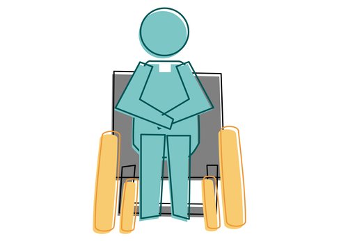 A colour line drawing picture of a person in a wheelchair. A white square indicates a clerical colour.
